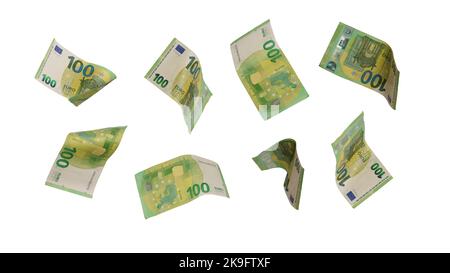 Vol de 100 billets en espèces en euros isolés sur fond blanc. Photo haute résolution. Banque D'Images