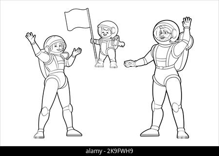 Coloriage Book.Une famille heureuse d'astronautes, maman, papa, fils a mis un drapeau sur la planète dans l'espace et en agitant leurs mains en salutation.Vector noir et blanc Illustration de Vecteur