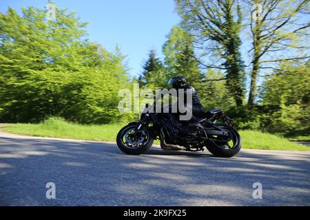 Motocycliste sportif sur une route de campagne dans la forêt Banque D'Images