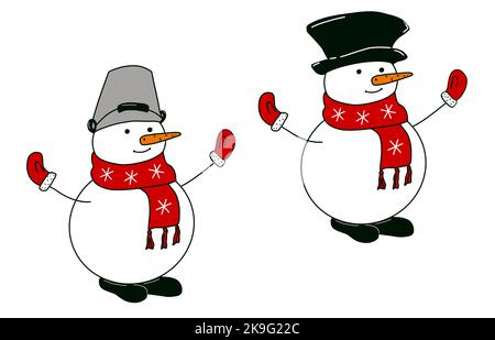 Ensemble de bonhomme de neige avec chapeau et foulard isolé sur fond blanc. Illustration du dessin à la main. Banque D'Images
