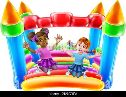 Bouncy House Castle Jumping Girls dessin animé pour enfants Illustration de Vecteur