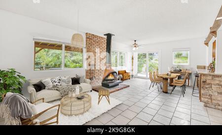 Grand salon de luxe naturel moderne et rustique avec canapé beige, table ronde en bois, moquette, grande fenêtre et parquet. 3d rendu Banque D'Images