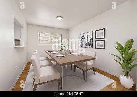 Salle à manger moderne avec grande table en bois et chaises en cuir beige à la maison. 3D illustration. Californie, États-Unis - 2022 Banque D'Images