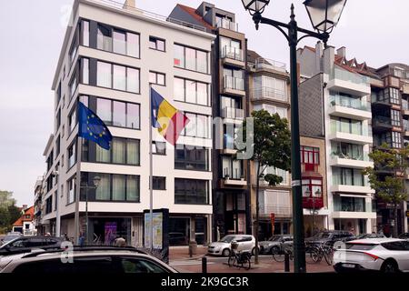 Drapeau de la Roumanie battant aux côtés de l'UE un à l'extérieur Banque D'Images