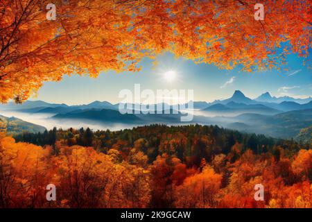 Illustration de la peinture montrant des montagnes et une forêt en automne. Banque D'Images