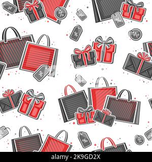 Motif Vector Black Friday sans couture, fond carré répétitif avec illustrations de sacs en papier rouges, boîtes-cadeaux et étiquettes de prix décoratives sur fond blanc Illustration de Vecteur