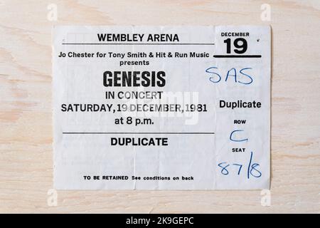 Ticket stub pour un concert Genesis le 19th décembre 1981 à Wembley Arena, Londres, Royaume-Uni Banque D'Images