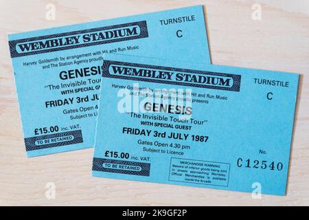 Ticket stub pour un concert Genesis the invisible Touch Tour le 3rd juillet 1987 à Wembley Arena, Londres, Royaume-Uni Banque D'Images