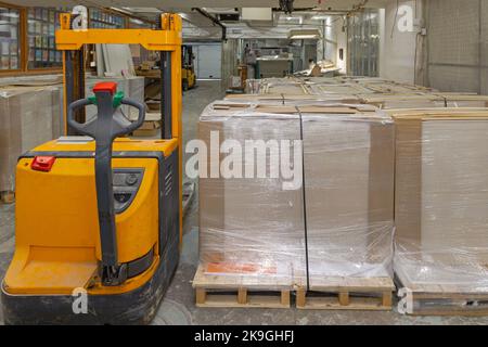 De nombreux nouveaux livres sont imprimés sur des palettes dans la salle d'entreposage avec chariot élévateur Banque D'Images