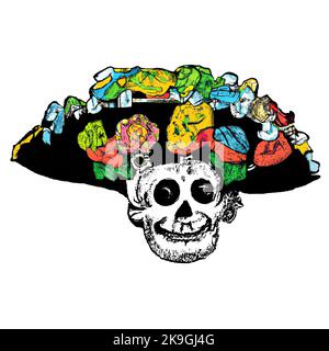 Couleur avec la fête mexicaine lumineuse. Crâne pirate avec chapeau fedora à large bord, recouvert de fleurs brillantes. Dessin en mode Fiesta. Pirate Halloween Illustration de Vecteur