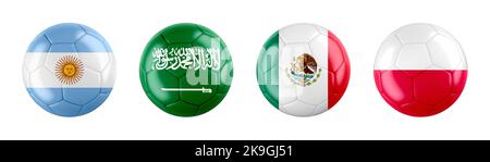 Coupe du monde 2022 le Qatar GROUPE C équipe des drapeaux de balle. Isolé sur fond blanc. 3d illustration . Banque D'Images