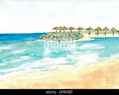 Plage tropicale d'été avec sable doré. Illustration aquarelle dessinée à la main. Banque D'Images