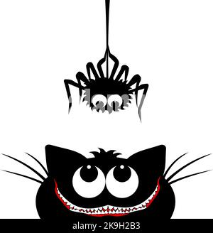 Visage de chat noir souriant regardant vers le haut de pendaison sur la toile d'araignée de ligne de tableau de bord insecte. Élément vectoriel Halloween sur fond transparent Illustration de Vecteur