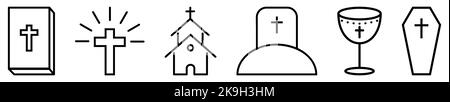 Contours des icônes chrétiennes. Icônes de religion définies. Illustration vectorielle isolée sur fond blanc Illustration de Vecteur