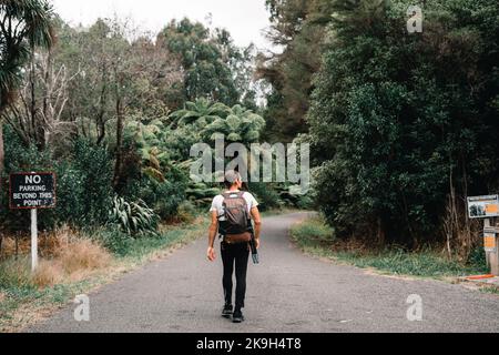 un garçon sportif caucasien entrant dans le parc national sur la route pavée portant des vêtements de sport un sac à dos sur son dos et un trépied de photographie sur waitawhata Banque D'Images