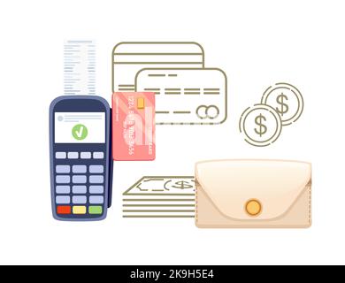 Portefeuille beige avec dollars et cartes de crédit e-commerce illustration vectorielle sur fond blanc Illustration de Vecteur