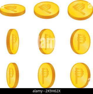 Peso. 3D pièces physiques isométriques. Devise. Pièces d'or avec symbole Peso isolé sur fond noir. Illustration vectorielle. Philippines - Vector. PH Illustration de Vecteur