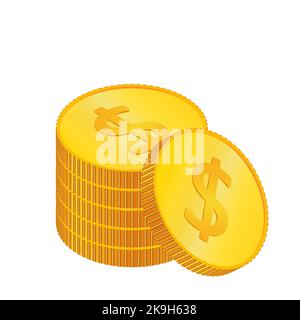 Dollar. 3D pièces physiques isométriques. Devise. Pièces d'or avec symbole dollar isolé sur l'arrière-plan. Illustration vectorielle. Illustration de Vecteur