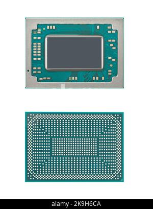 microchip, processeur pour ordinateur portable, vue de deux côtés, sur un arrière-plan noir isolé Banque D'Images