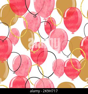Ballons d'aquarelle rose, rouge et or étincelant à motif sans couture. Fond de célébration vectoriel Illustration de Vecteur