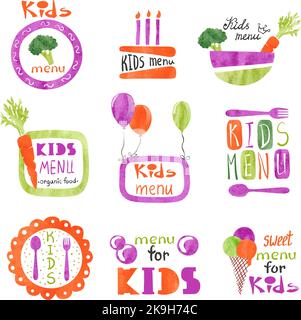 Ensemble de motifs représentant un menu enfant aquarelle. Collection d'emblèmes de menu vectoriel en orange, violet et vert Illustration de Vecteur