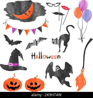 Ensemble d'icônes d'Halloween aquarelle. Collection d'éléments pour la création de fêtes vectorielles Illustration de Vecteur