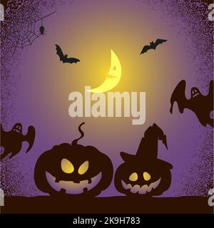 Arrière-plan de la nuit d'Halloween dans les couleurs pourpre et noir. Illustration vectorielle de citrouilles, de chauves-souris et de fantômes créepeux Illustration de Vecteur