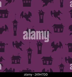Arrière-plan violet de vecteur Halloween avec des fantômes et des maisons de Doodle. Motif sans couture Illustration de Vecteur