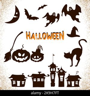 Ensemble d'icônes d'Halloween dessinées à la main. Collection de silhouettes vectorielles de symboles vacances - citrouilles, chat noir, chauves-souris et fantômes Illustration de Vecteur