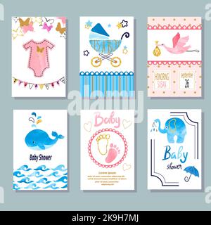 Ensemble de douche pour bébés aquarelle. Motif cartes de fête et d'invitation pour nouveau-nés Vector Illustration de Vecteur