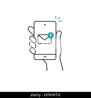 Smartphone portable, envoi d'e-mails, icône de ligne de notification de nouveau message. Icône de contour de message téléphonique. Illustration vectorielle isolée. Illustration de Vecteur