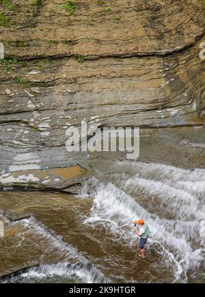 Faites voler le pêcheur dans la gorge d'Enfield Creek, le parc national Robert Treman, le comté de Tompkins, New York Banque D'Images