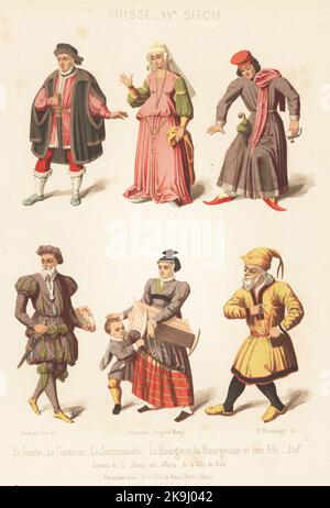 Costumes suisses, 15th siècle. Comte, comtesse, jurisconsulte, bourgeoise, bourgeoise femme avec berceau et fils, juif. Suisse, 15th siècle. Le comte, comtesse, jurisconsulte, bourgeois, bourgeois et leur fils, Juif. Suisse, XVe siecle. De danse des Morts à Bâle. Chromolithograph de P. Thurwanger d’après une illustration de Ferdinand Sere de Charles Louandre, les Arts Somptuaires, The Sumptuary Arts, Hangard-Mauge, Paris, 1858. Banque D'Images