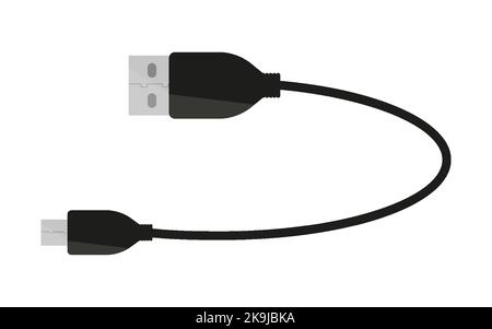 Câble USB type c cordon d'éclairage mini plat noir. Portable charge smartphone connexion tablette ordinateur transfert de données charge universelle alimentation électrique mobile flexible plastique caoutchouc isolé Illustration de Vecteur
