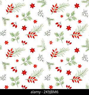 Motif de noël botanique abat-jour chaleureux branche de baies plat. Yew branche de pin de baie rosehip poinsettia rouge fleur saisons sans couture traditionnelle plante design imprimé textile intérieur vacances cadeau emballage Illustration de Vecteur
