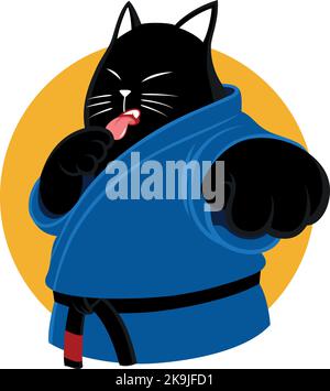 FAT Black Cat en uniforme bleu Jiu Jitsu Illustration de Vecteur