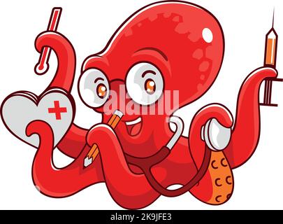 Octopus Nurse Mascot avec quelques instruments médicaux Illustration de Vecteur