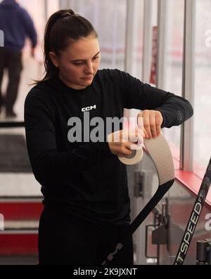 Columbus, Ohio, États-Unis. 28th octobre 2022. Minnesota Golden Gophers avance Audrey Wethington (4) bandes son bâton avant de faire face aux Buckees de l'État de l'Ohio dans leur jeu à Columbus, Ohio. Brent Clark/CSM/Alamy Live News Banque D'Images