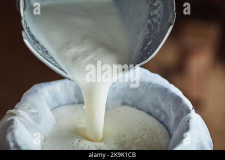 Tout au long d'une journée sur la ferme laitière, un fermier mâle méconnu qui verse du lait non transformé dans un récipient à l'intérieur d'une grange. Banque D'Images