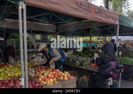New York, États-Unis. 28th octobre 2022. Les clients magasinent sur un marché agricole de Union Square où de nombreux agriculteurs locaux vendent leurs produits à New York. Le sénateur de l'État de New York George Borrello, membre du Comité sénatorial de l'agriculture, A déclaré que les agriculteurs et une analyse indépendante ont conclu que la décision du commissaire au travail de l'État de New York d'approuver les règles sur les heures supplémentaires de main-d'œuvre agricole va signifier la fin pour de nombreuses exploitations de New York et forcer d'autres à réduire la production, à augmenter l'automatisation ou à déménager. Crédit : SOPA Images Limited/Alamy Live News Banque D'Images