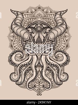illustration de poulpe vintage avec ornement de mandala Illustration de Vecteur