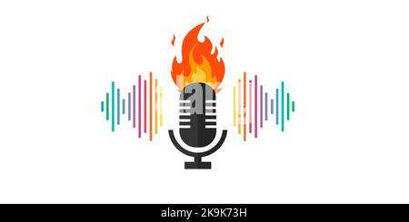 Microphone avec icône flammes. Design du logo Music Fire. Symbole de microphone podcast flamme. Vecteur tracé isolé Illustration de Vecteur