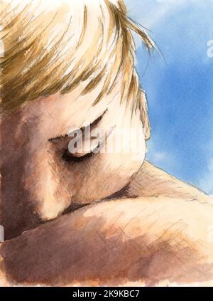 Croquis de portrait de femme. Crayon graphite et aquarelle sur papier. Banque D'Images