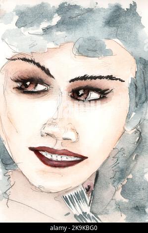Portrait de femme expressif. Crayon graphite et aquarelle sur papier. Banque D'Images