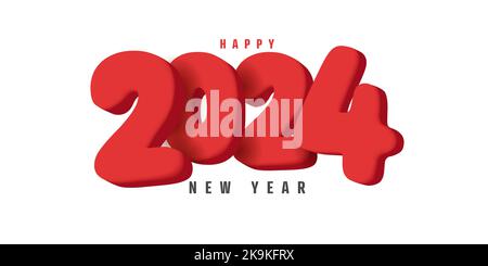 Bonne année 2024, 3D chiffres rouges simples et arrondis sur une affiche de fond blanc Illustration de Vecteur