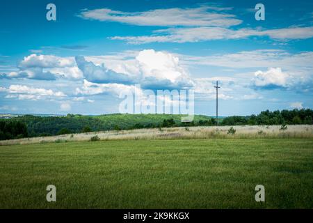 Traversez la colline. Forêts, prairies et champs. Un beau paysage. Krasnobród, Pologne. Banque D'Images