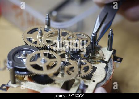 28 octobre 2022, Saxe-Anhalt, Gernrode: Maître horloger Uwe Bergmann insère des engrenages dans le mouvement d'une horloge à coucou au musée de l'horloge de Harz. Environ 300 horloges coucou différentes et d'autres expositions sont présentées ici sur 800 mètres carrés. Le musée de l'horloge comprend également un espace d'atelier où les pendules à coucou et autres mouvements de l'horloge sont réparés avec soin. L'attraction principale du musée est la plus grande horloge à coucou en dehors de la Forêt Noire avec une hauteur de 14,50 mètres. Le dernier dimanche d'octobre commence la période d'hiver. Dans la nuit du samedi au dimanche, les horloges sont réglées ba Banque D'Images