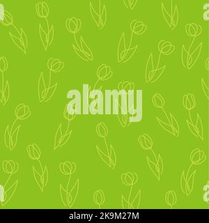 Illustration vectorielle d'arrière-plan Springtime sans couture avec motif de dessin de ligne de tulipe simple. Répétable horizontalement et verticalement. Illustration de Vecteur