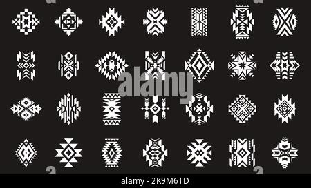 Tatouage géométrique Aztec. Ornements décoratifs abstraits ethniques, motif tribal amérindien ancien sur fond noir isolé. Ensemble de vecteurs Illustration de Vecteur