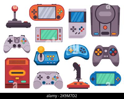 Périphériques de jeux vidéo. Vieille rétro joystick manette de jeu icônes plates, dessin animé hipster classique gadget console pour les joueurs et les geeks de pc. Collection à vecteur isolé Illustration de Vecteur
